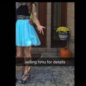 halter neck blue and black hoemcoming dress